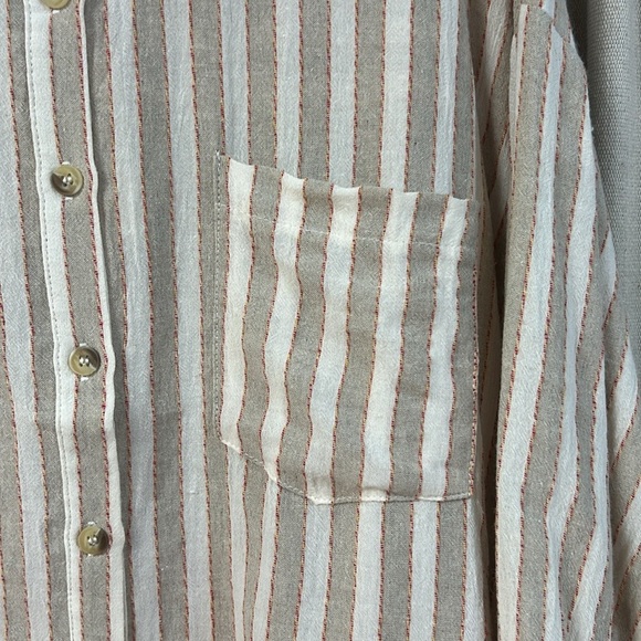 Striped Beige Button-Up Blouse with Ruffle Hem - Easel - Picture 7 of 8